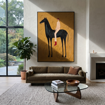 Painted Saddle Cross the Quiet Field - horse and rider painting by Isabelle Laurent, modern Western vertical wall art – styled room scene view 4
