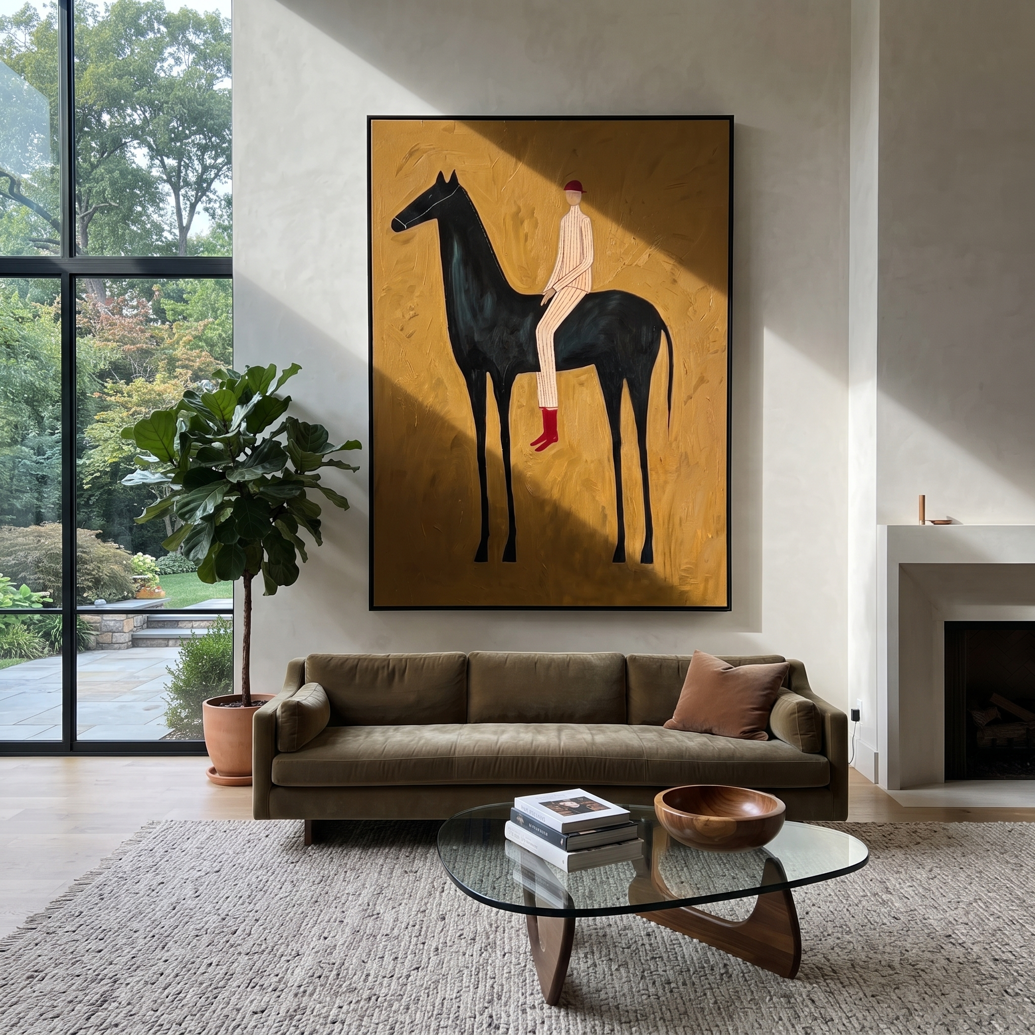 Painted Saddle Cross the Quiet Field - horse and rider painting by Isabelle Laurent, modern Western vertical wall art – styled room scene view 4