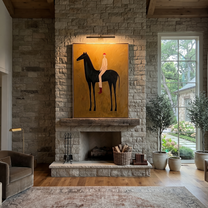 Painted Saddle Cross the Quiet Field - horse and rider painting by Isabelle Laurent, modern Western vertical wall art – styled room scene view 5