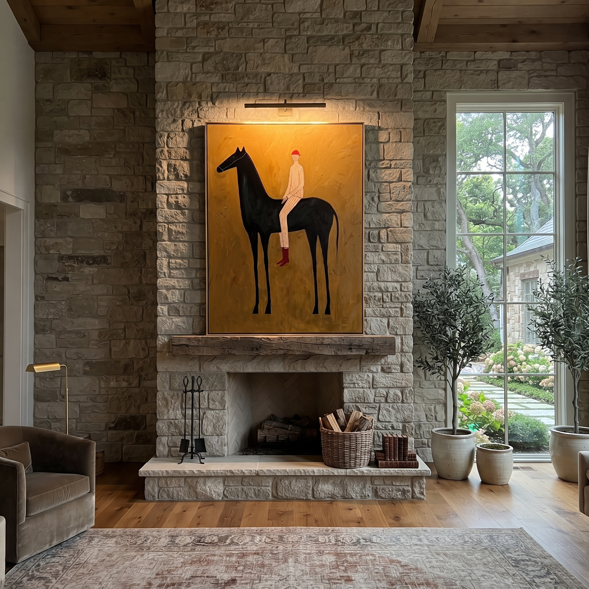 Painted Saddle Cross the Quiet Field - horse and rider painting by Isabelle Laurent, modern Western vertical wall art – styled room scene view 5