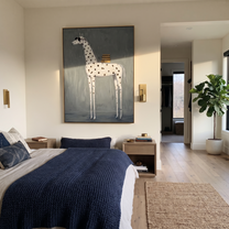 Long Mane Cross the Quiet Field - modern horse portrait by Isabelle Laurent, modern Western vertical wall art – styled room scene view 1