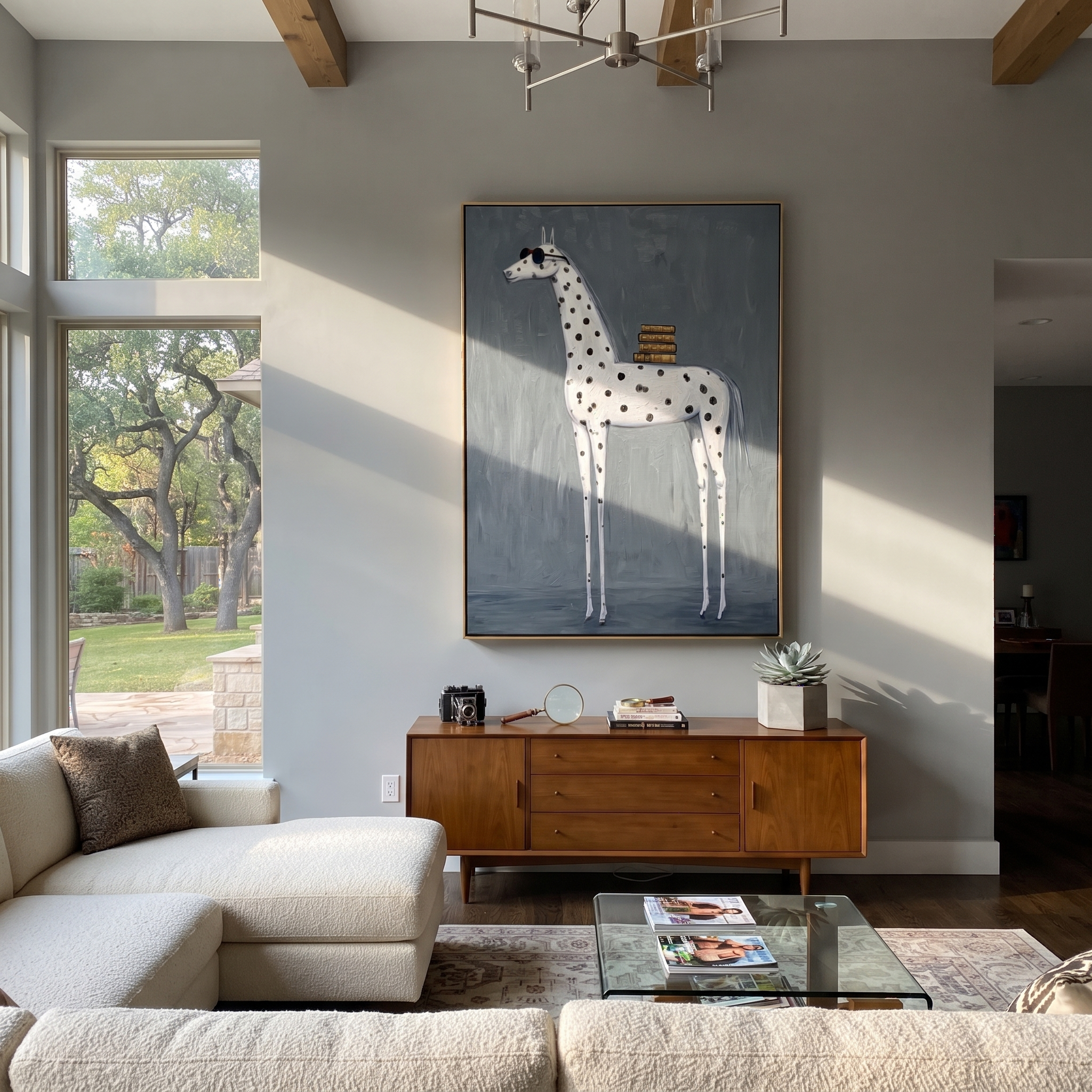 Long Mane Cross the Quiet Field - modern horse portrait by Isabelle Laurent, modern Western vertical wall art – styled room scene view 3