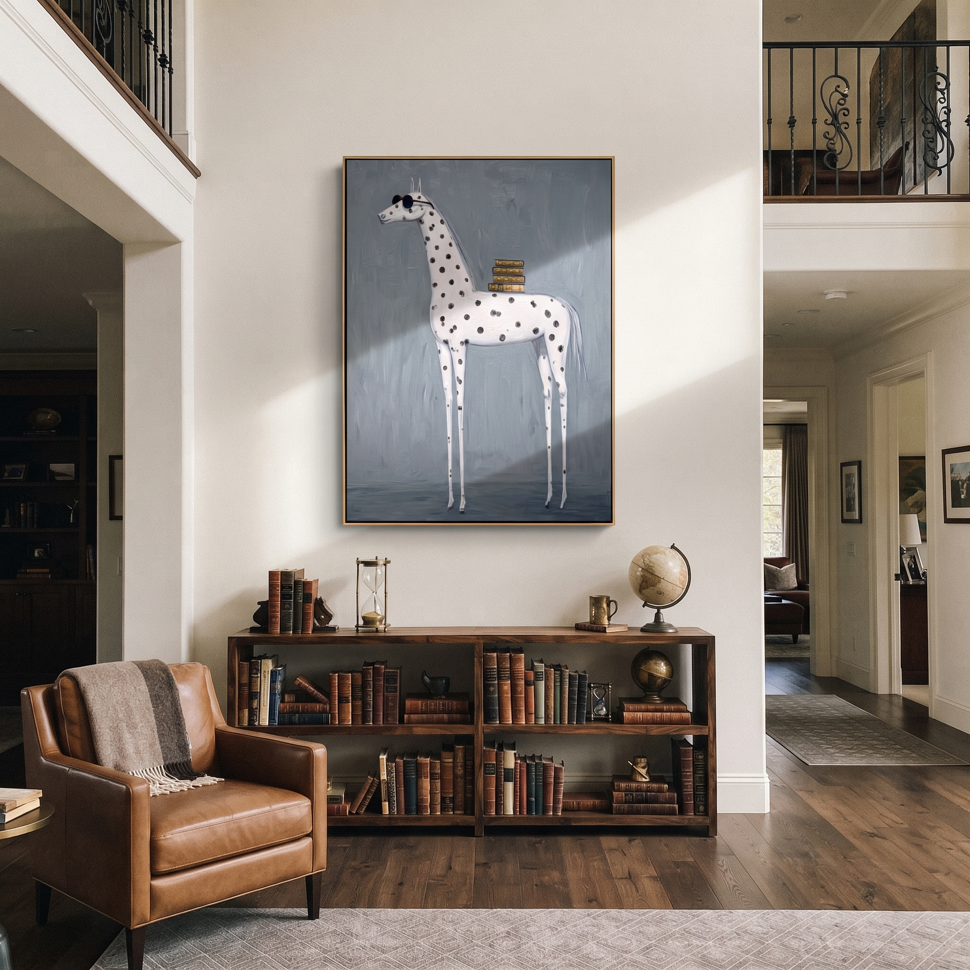 Long Mane Cross the Quiet Field - modern horse portrait by Isabelle Laurent, modern Western vertical wall art – styled room scene view 5