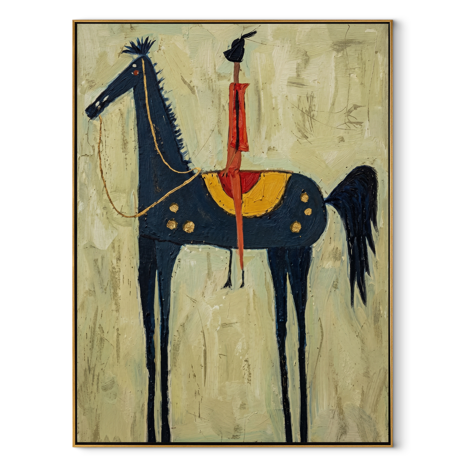 Western Stars Cross the Quiet Field - horse and rider painting by Isabelle Laurent, modern Western vertical wall art – wood frame on white background