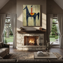 Western Stars Cross the Quiet Field - horse and rider painting by Isabelle Laurent, modern Western vertical wall art – styled room scene view 2