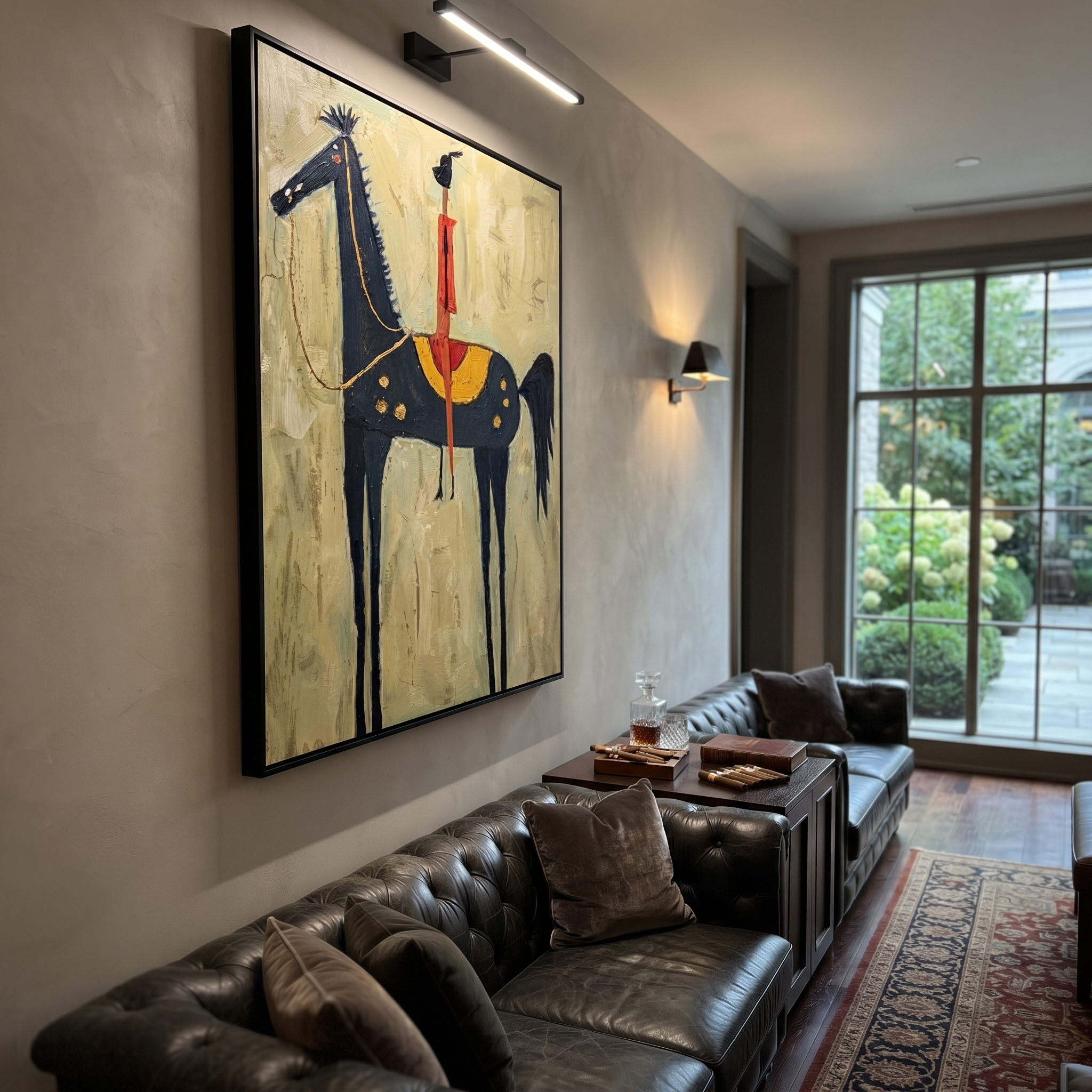 Western Stars Cross the Quiet Field - horse and rider painting by Isabelle Laurent, modern Western vertical wall art – styled room scene view 3