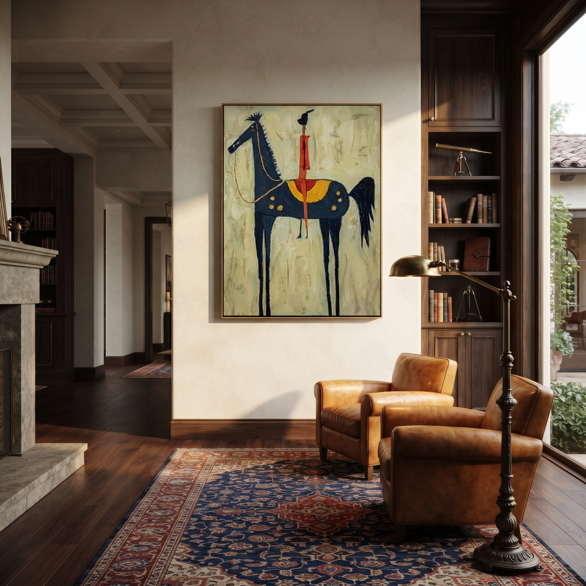 Western Stars Cross the Quiet Field - horse and rider painting by Isabelle Laurent, modern Western vertical wall art – styled room scene view 4