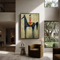 Western Stars Cross the Quiet Field - horse and rider painting by Isabelle Laurent, modern Western vertical wall art – styled room scene view 5