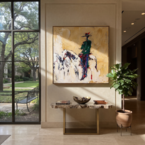 Gentle Strength Cross the Quiet Field - expressive equestrian painting by Isabelle Laurent, modern Western square wall art – styled room scene view 1