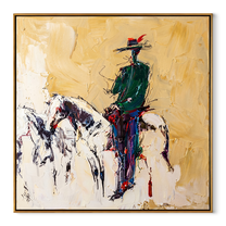 Gentle Strength Cross the Quiet Field - expressive equestrian painting by Isabelle Laurent, modern Western square wall art – wood frame on white background