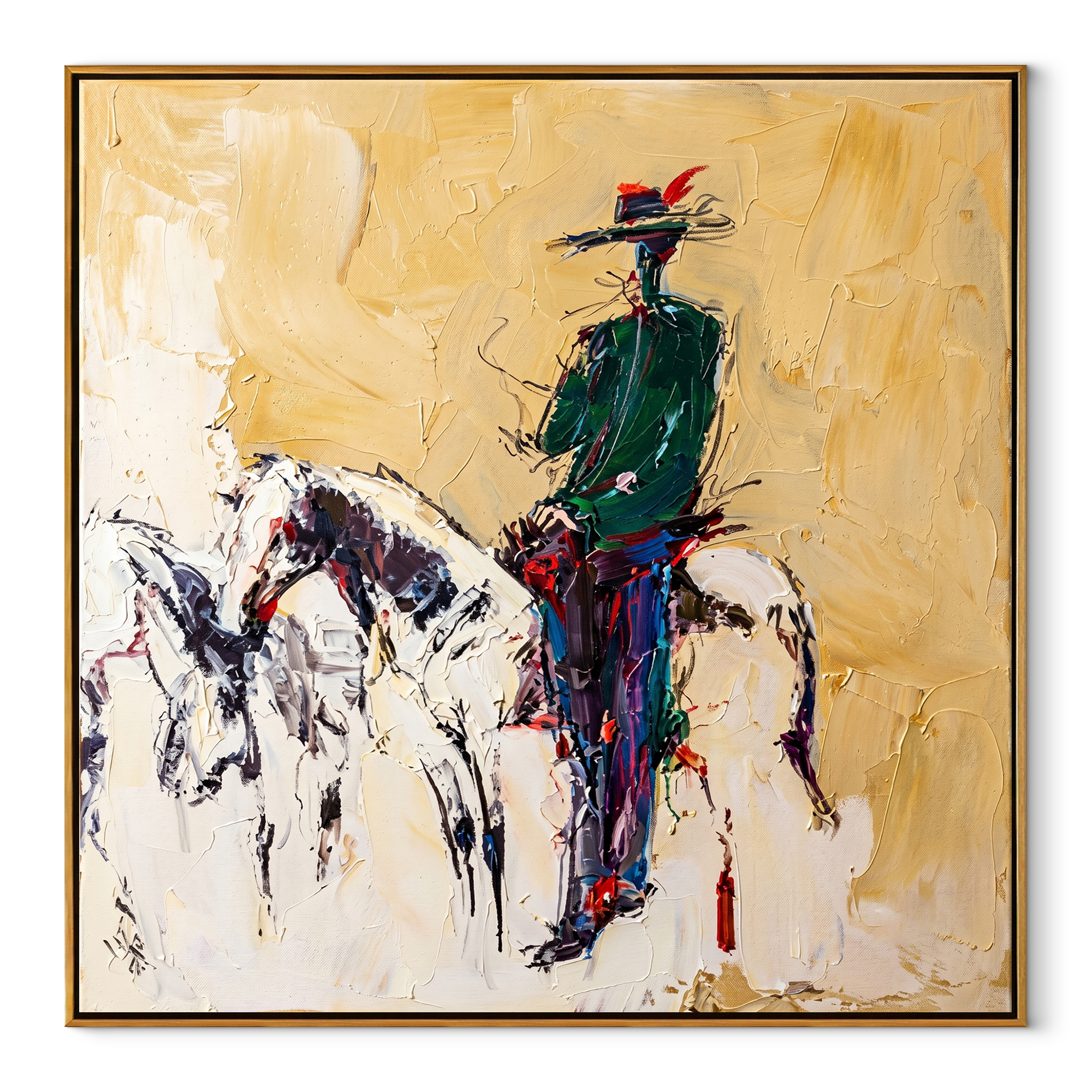 Gentle Strength Cross the Quiet Field - expressive equestrian painting by Isabelle Laurent, modern Western square wall art – wood frame on white background