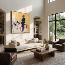 Gentle Strength Cross the Quiet Field - expressive equestrian painting by Isabelle Laurent, modern Western square wall art – styled room scene view 2