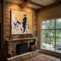 Gentle Strength Cross the Quiet Field - expressive equestrian painting by Isabelle Laurent, modern Western square wall art – styled room scene view 3