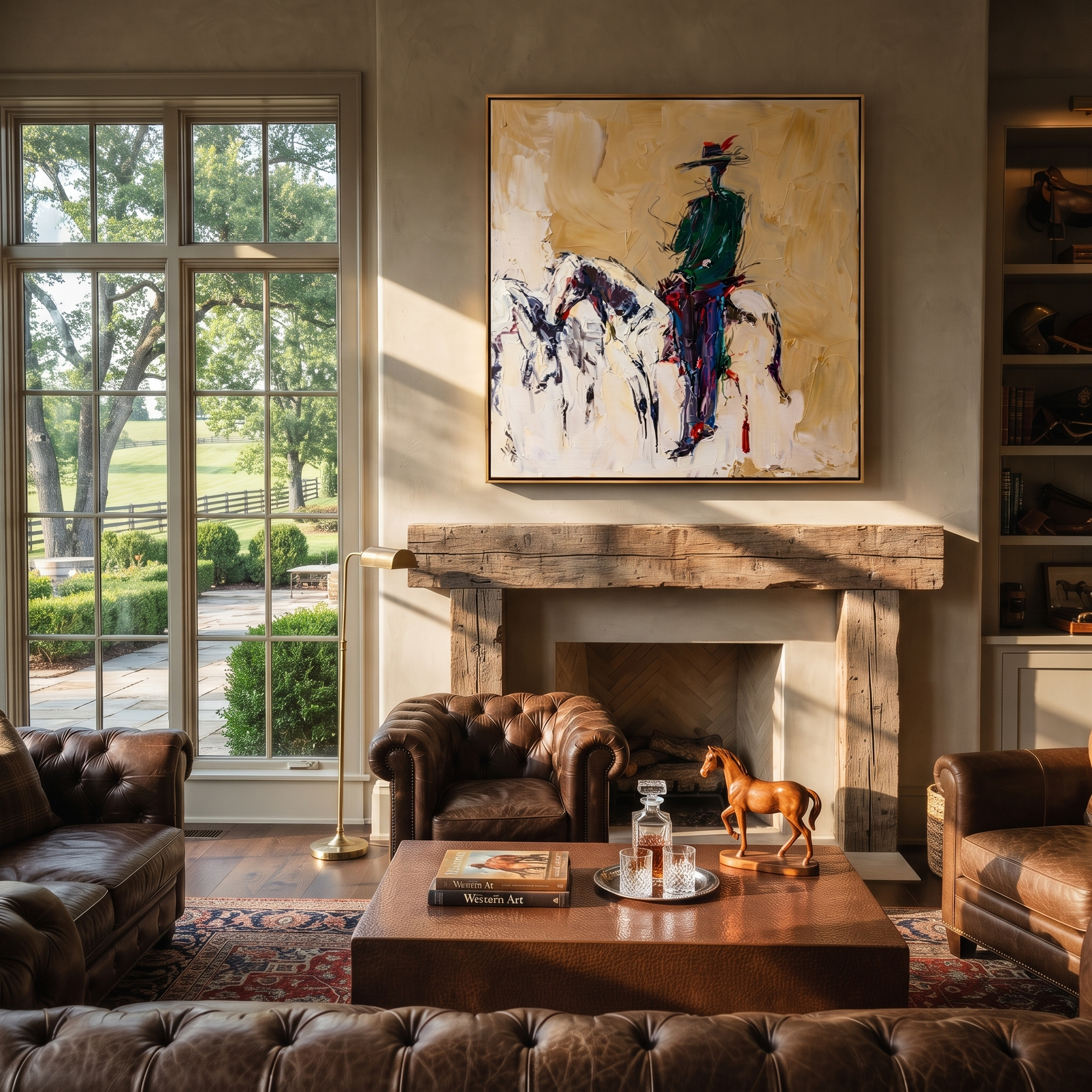 Gentle Strength Cross the Quiet Field - expressive equestrian painting by Isabelle Laurent, modern Western square wall art – styled room scene view 4