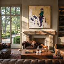 Gentle Strength Cross the Quiet Field - expressive equestrian painting by Isabelle Laurent, modern Western square wall art – styled room scene view 4