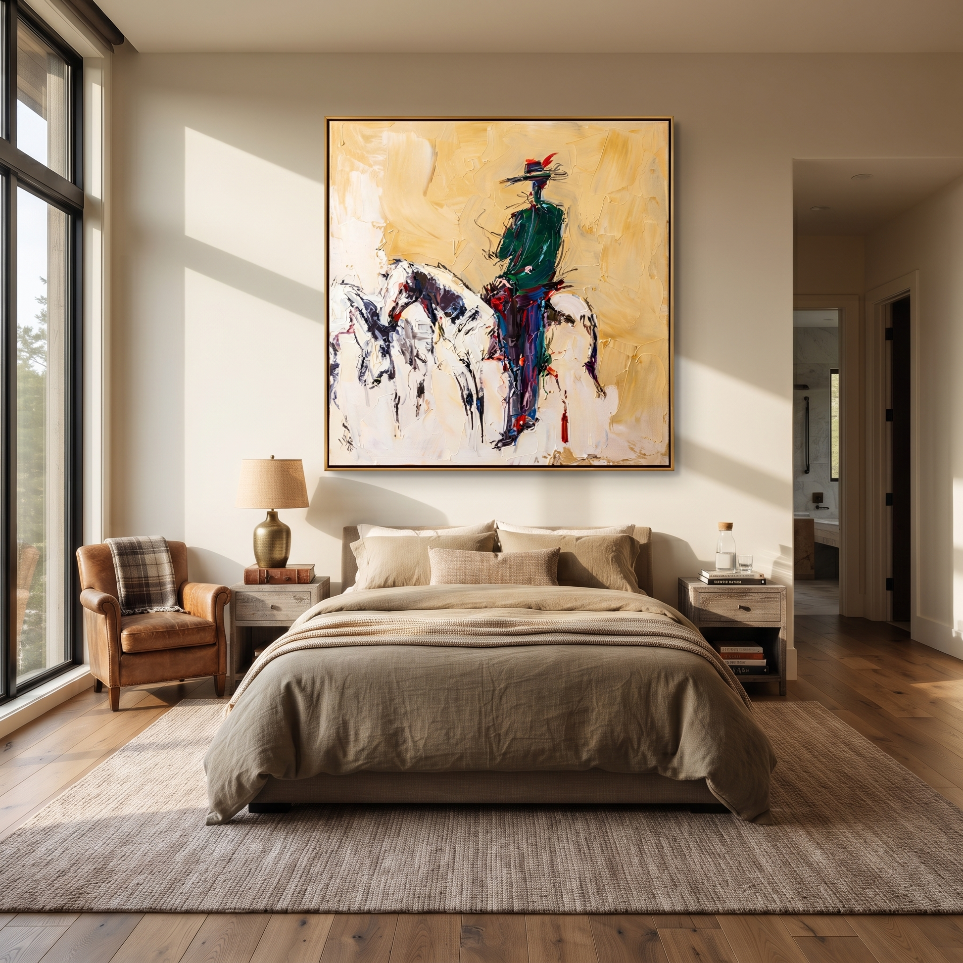 Gentle Strength Cross the Quiet Field - expressive equestrian painting by Isabelle Laurent, modern Western square wall art – styled room scene view 5
