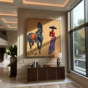 Desert Rhythm Cross the Quiet Field - figure and horse painting by Isabelle Laurent, modern Western square wall art – styled room scene view 1