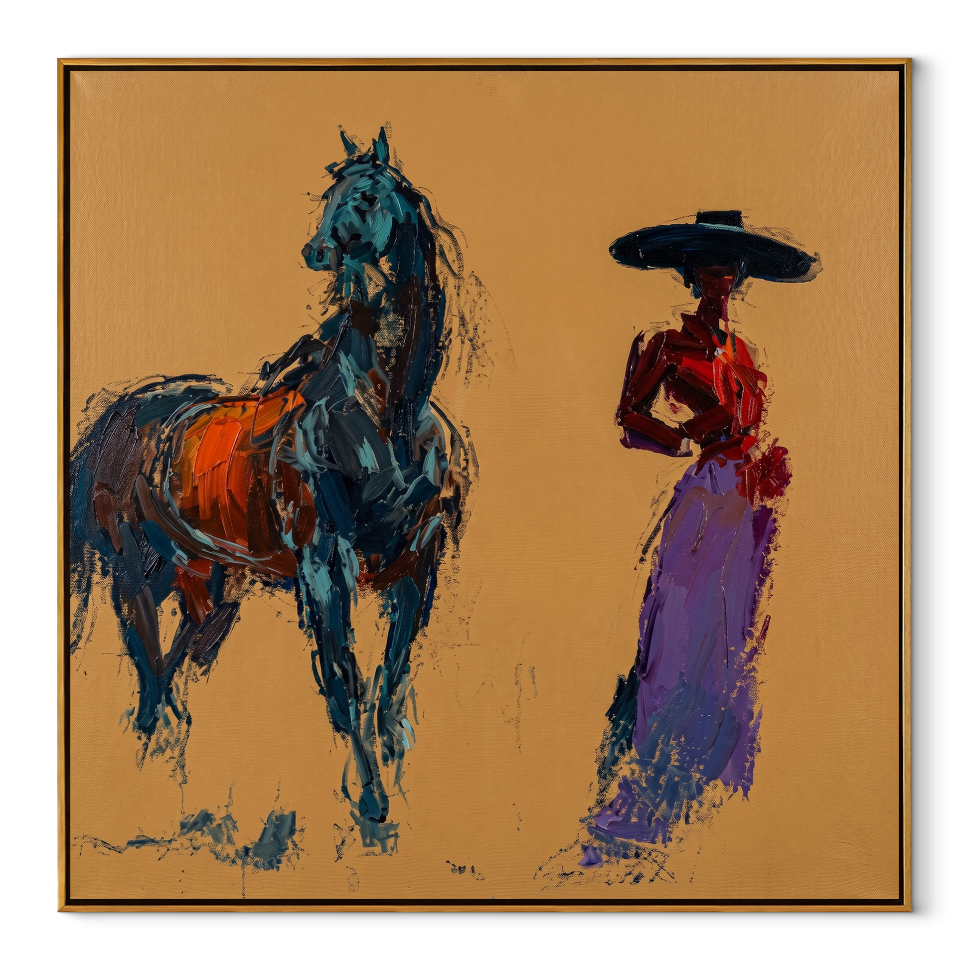 Desert Rhythm Cross the Quiet Field - figure and horse painting by Isabelle Laurent, modern Western square wall art – wood frame on white background