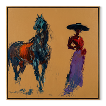Desert Rhythm Cross the Quiet Field - figure and horse painting by Isabelle Laurent, modern Western square wall art – wood frame on white background