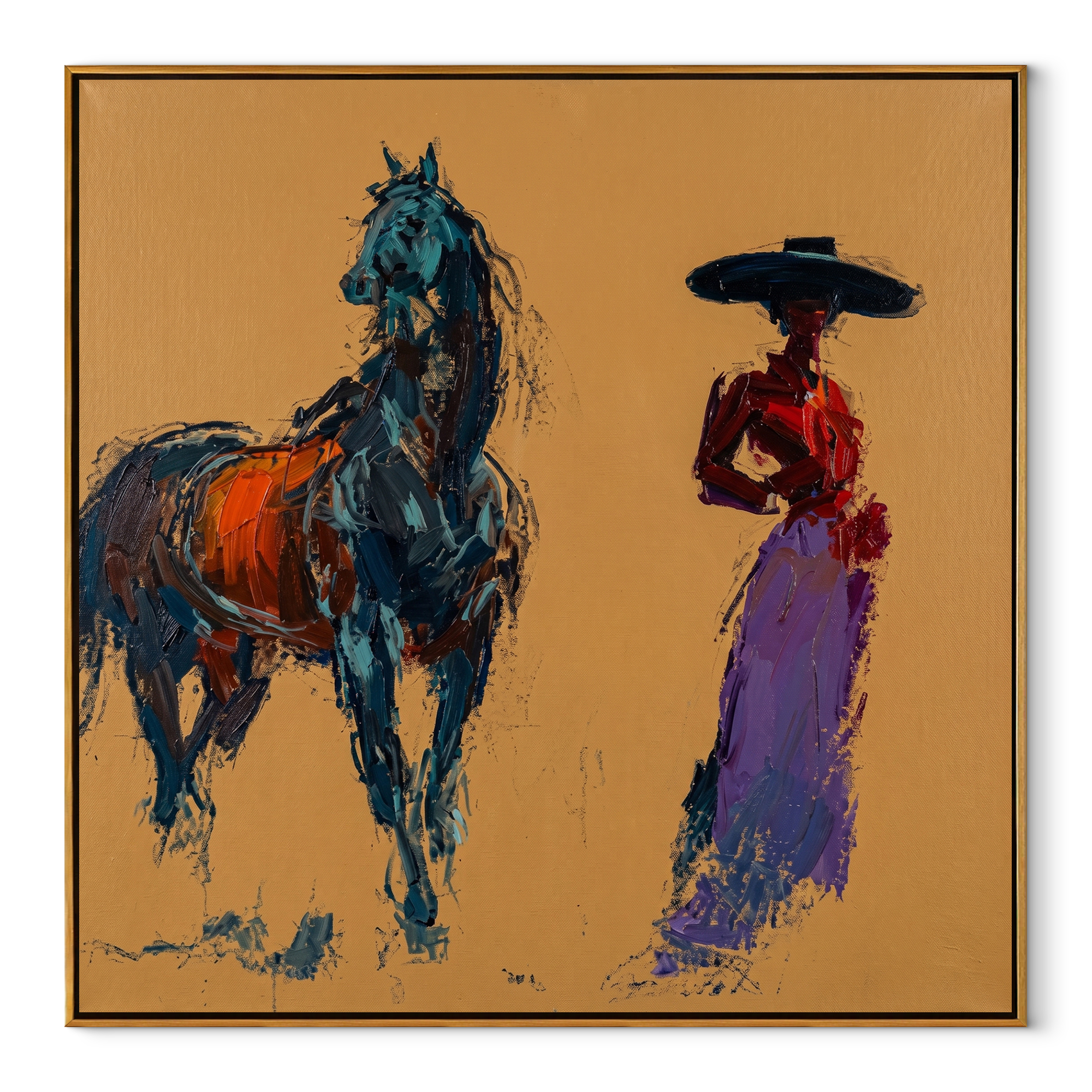 Desert Rhythm Cross the Quiet Field - figure and horse painting by Isabelle Laurent, modern Western square wall art – wood frame on white background