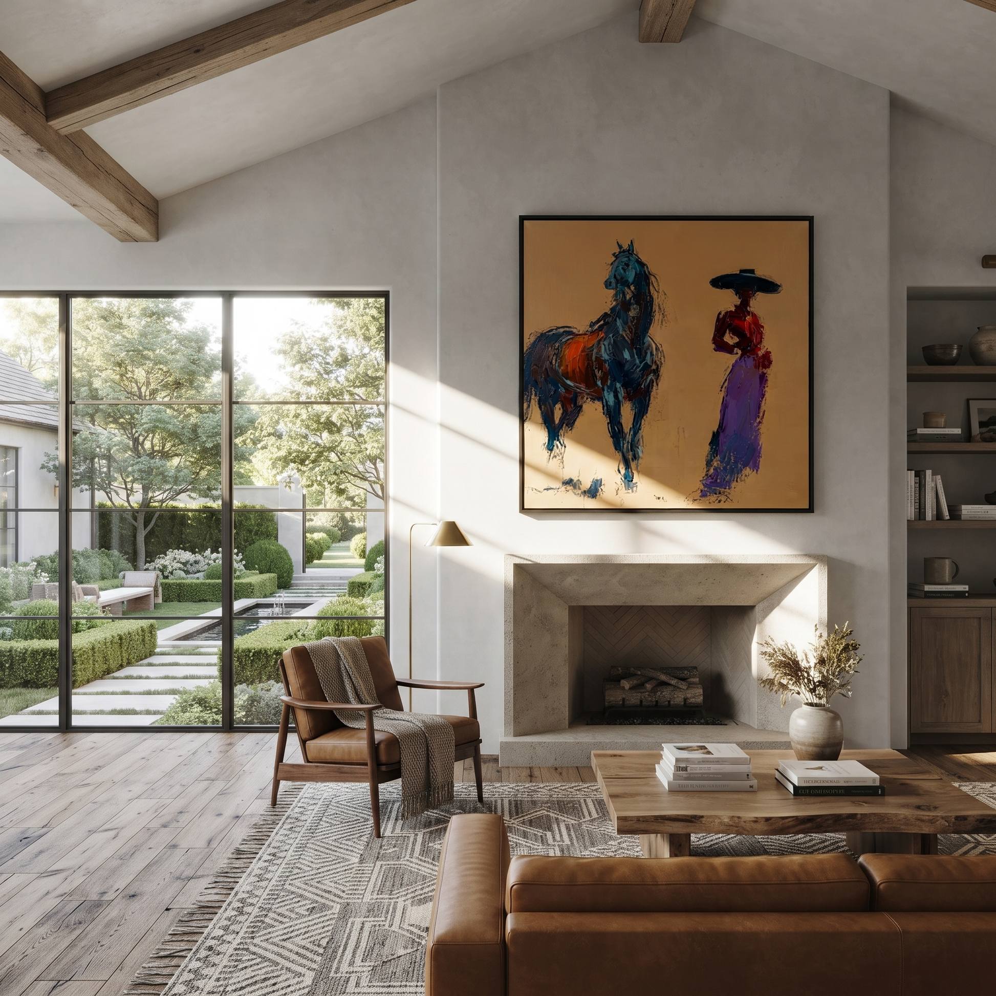 Desert Rhythm Cross the Quiet Field - figure and horse painting by Isabelle Laurent, modern Western square wall art – styled room scene view 2
