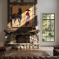 Desert Rhythm Cross the Quiet Field - figure and horse painting by Isabelle Laurent, modern Western square wall art – styled room scene view 3