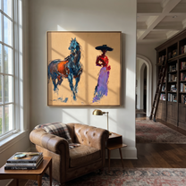 Desert Rhythm Cross the Quiet Field - figure and horse painting by Isabelle Laurent, modern Western square wall art – styled room scene view 4