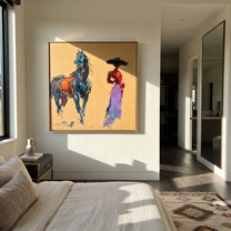 Desert Rhythm Cross the Quiet Field - figure and horse painting by Isabelle Laurent, modern Western square wall art – styled room scene view 5