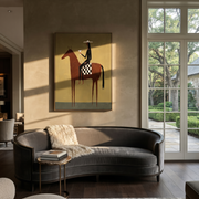 Moonlit Horse Cross the Quiet Field - horse and rider painting by Isabelle Laurent, modern Western vertical wall art – styled room scene view 1