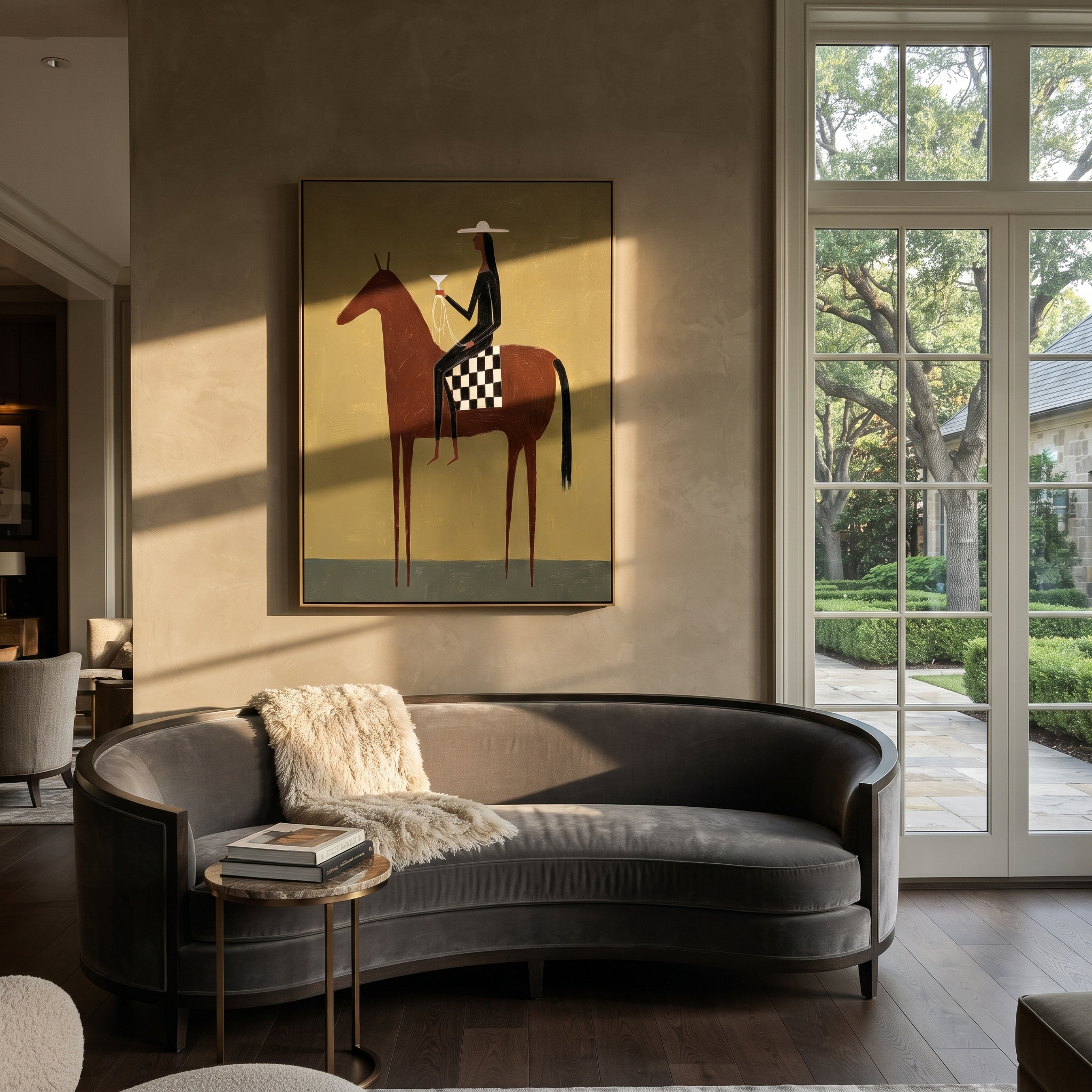 Moonlit Horse Cross the Quiet Field - horse and rider painting by Isabelle Laurent, modern Western vertical wall art – styled room scene view 1