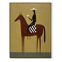 Moonlit Horse Cross the Quiet Field - horse and rider painting by Isabelle Laurent, modern Western vertical wall art – wood frame on white background