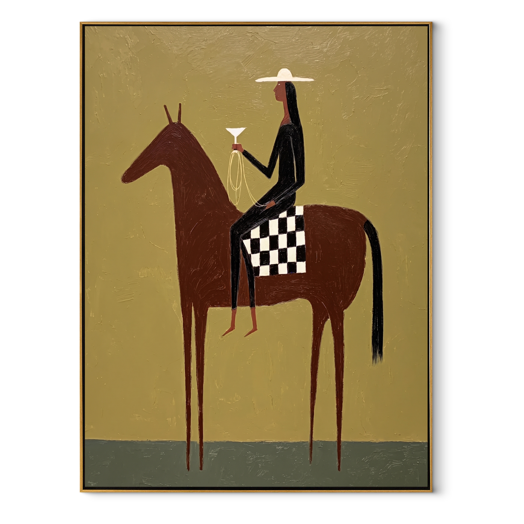 Moonlit Horse Cross the Quiet Field - horse and rider painting by Isabelle Laurent, modern Western vertical wall art – wood frame on white background