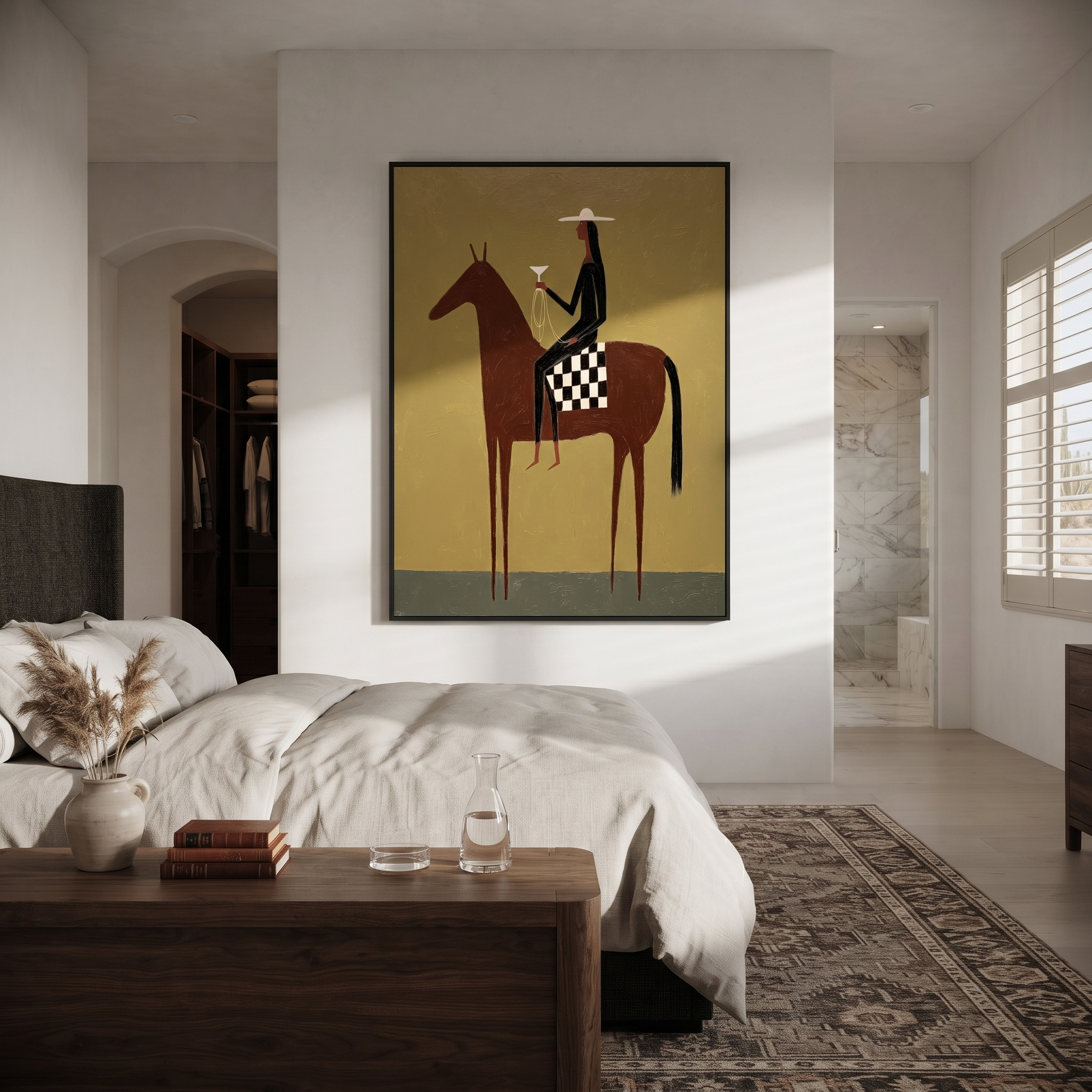 Moonlit Horse Cross the Quiet Field - horse and rider painting by Isabelle Laurent, modern Western vertical wall art – styled room scene view 2