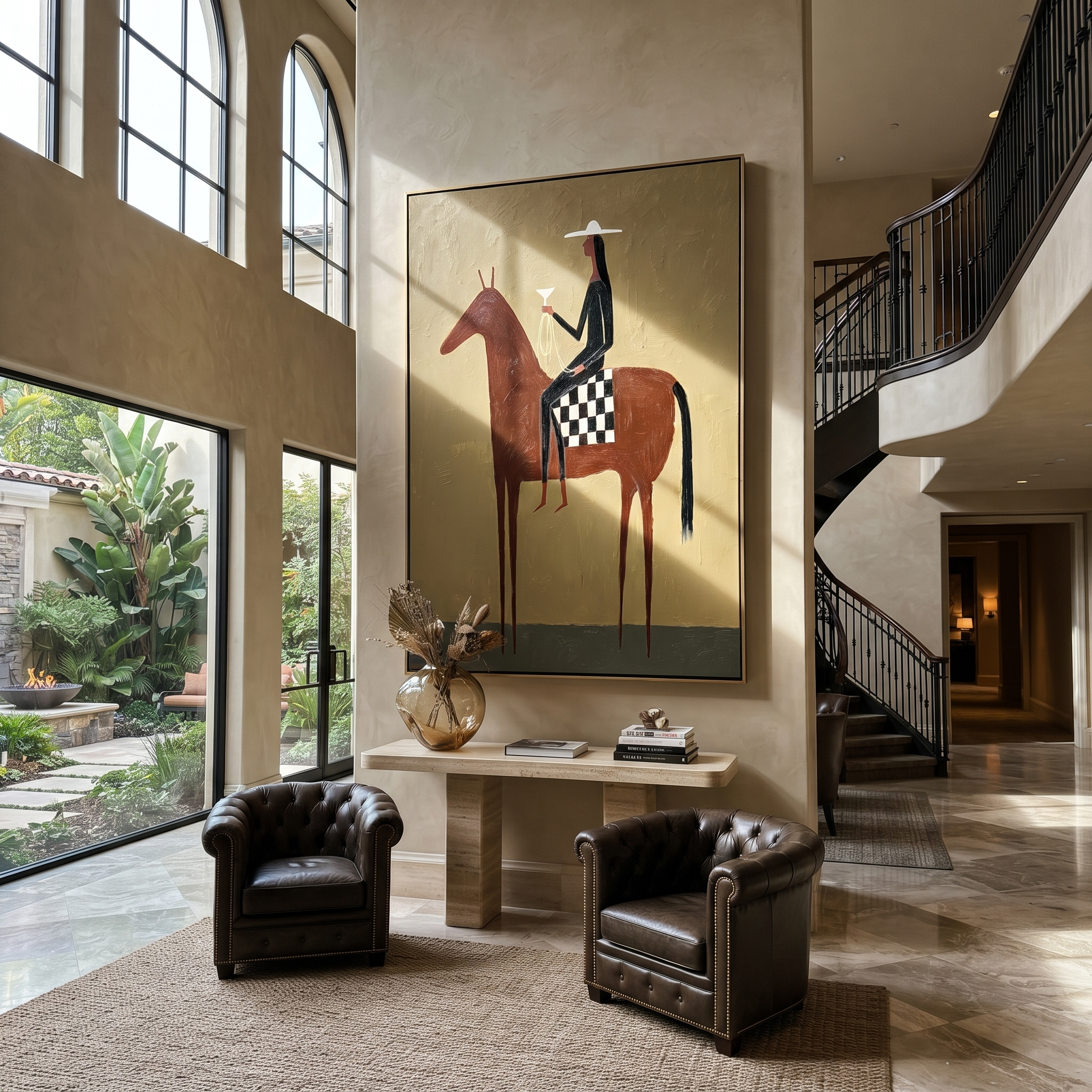 Moonlit Horse Cross the Quiet Field - horse and rider painting by Isabelle Laurent, modern Western vertical wall art – styled room scene view 3