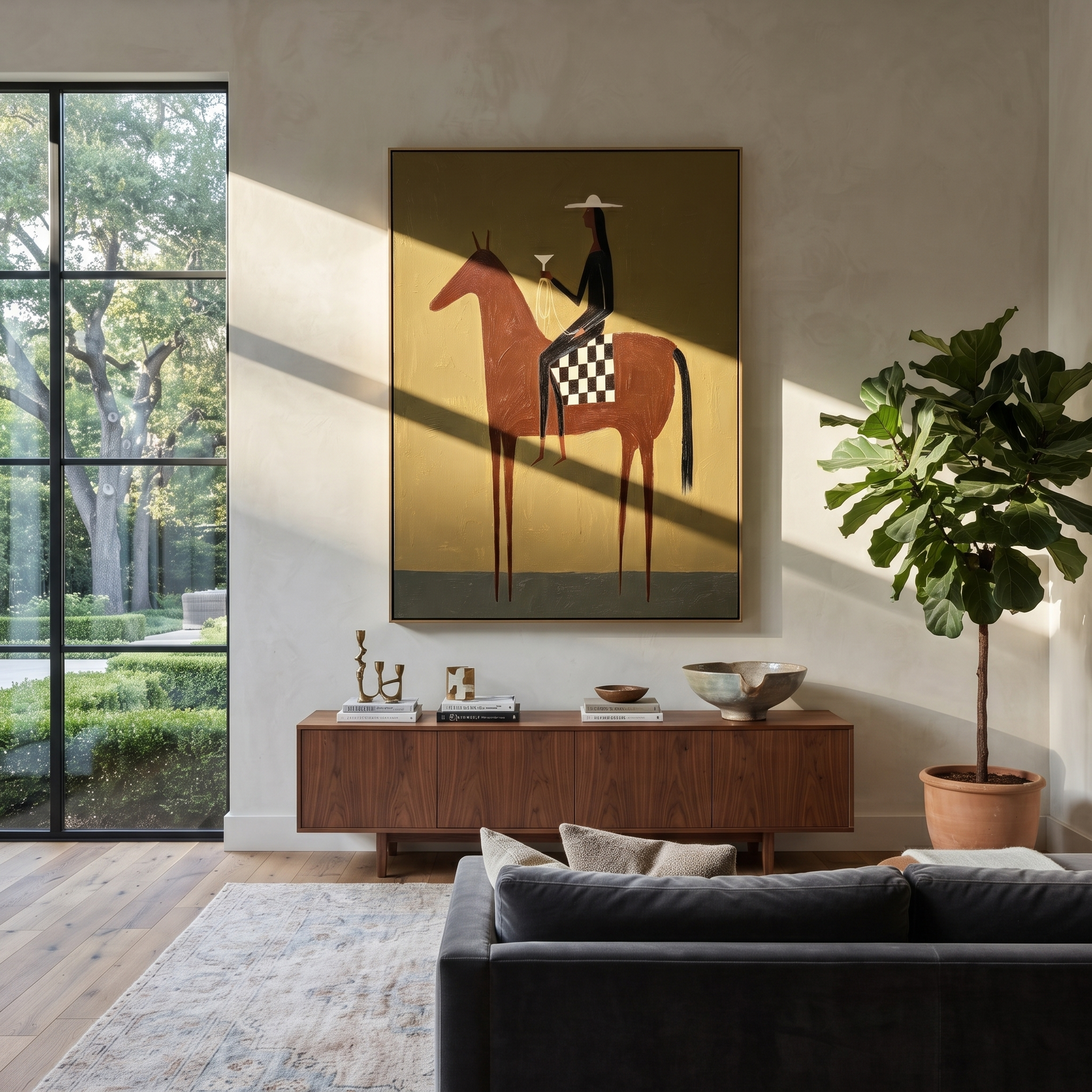 Moonlit Horse Cross the Quiet Field - horse and rider painting by Isabelle Laurent, modern Western vertical wall art – styled room scene view 4