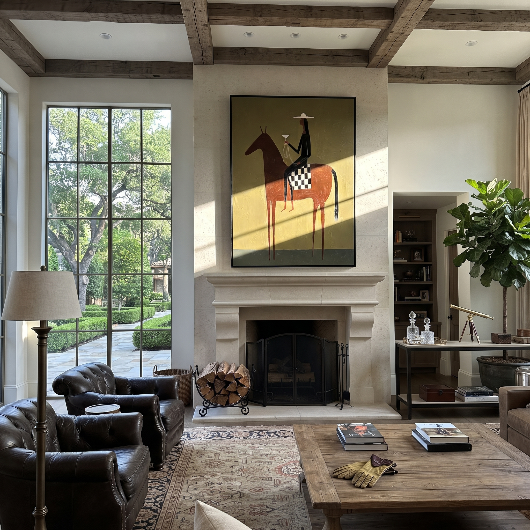 Moonlit Horse Cross the Quiet Field - horse and rider painting by Isabelle Laurent, modern Western vertical wall art – styled room scene view 5