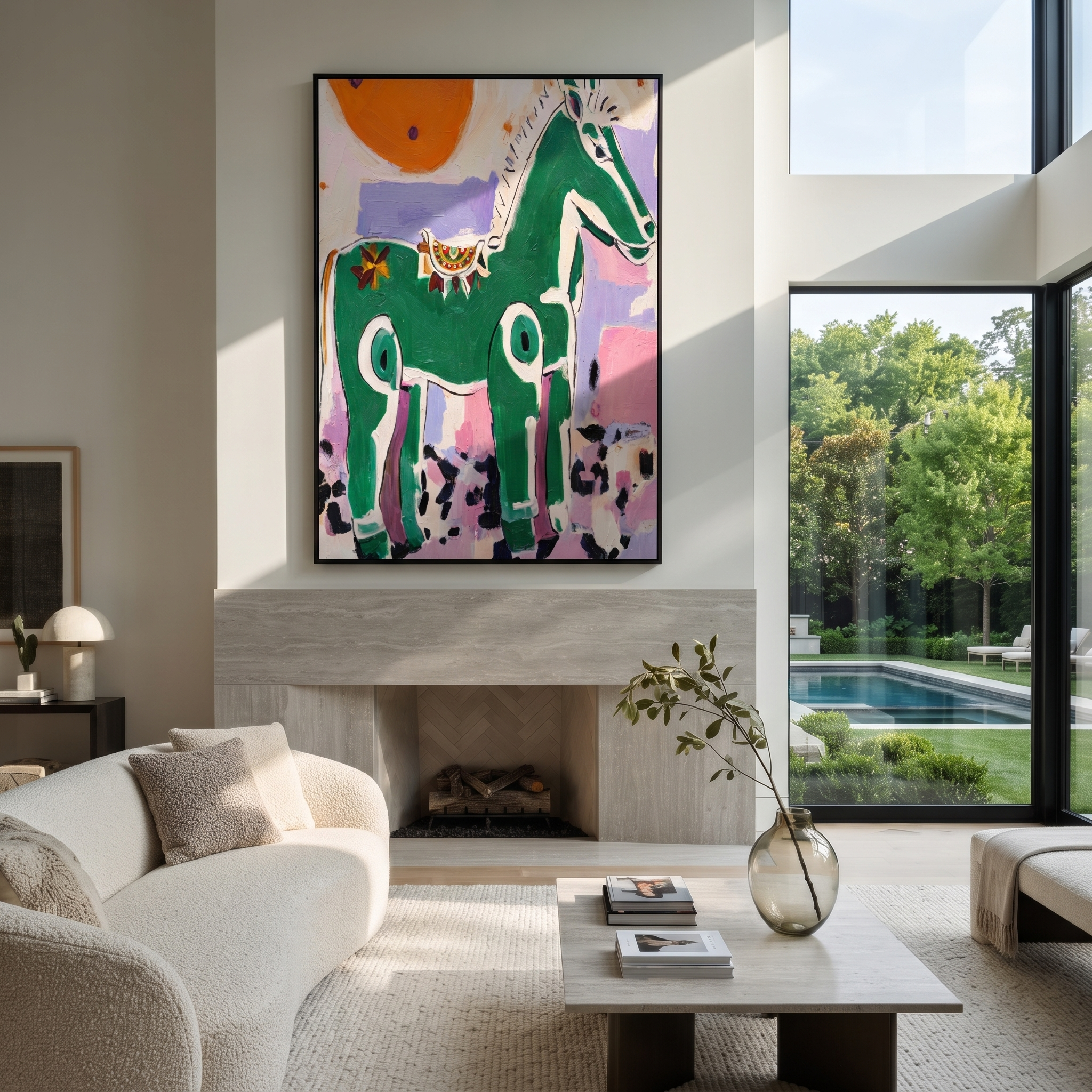 Wild Grace Cross the Quiet Field - modern horse portrait by Isabelle Laurent, modern Western vertical wall art – styled room scene view 1
