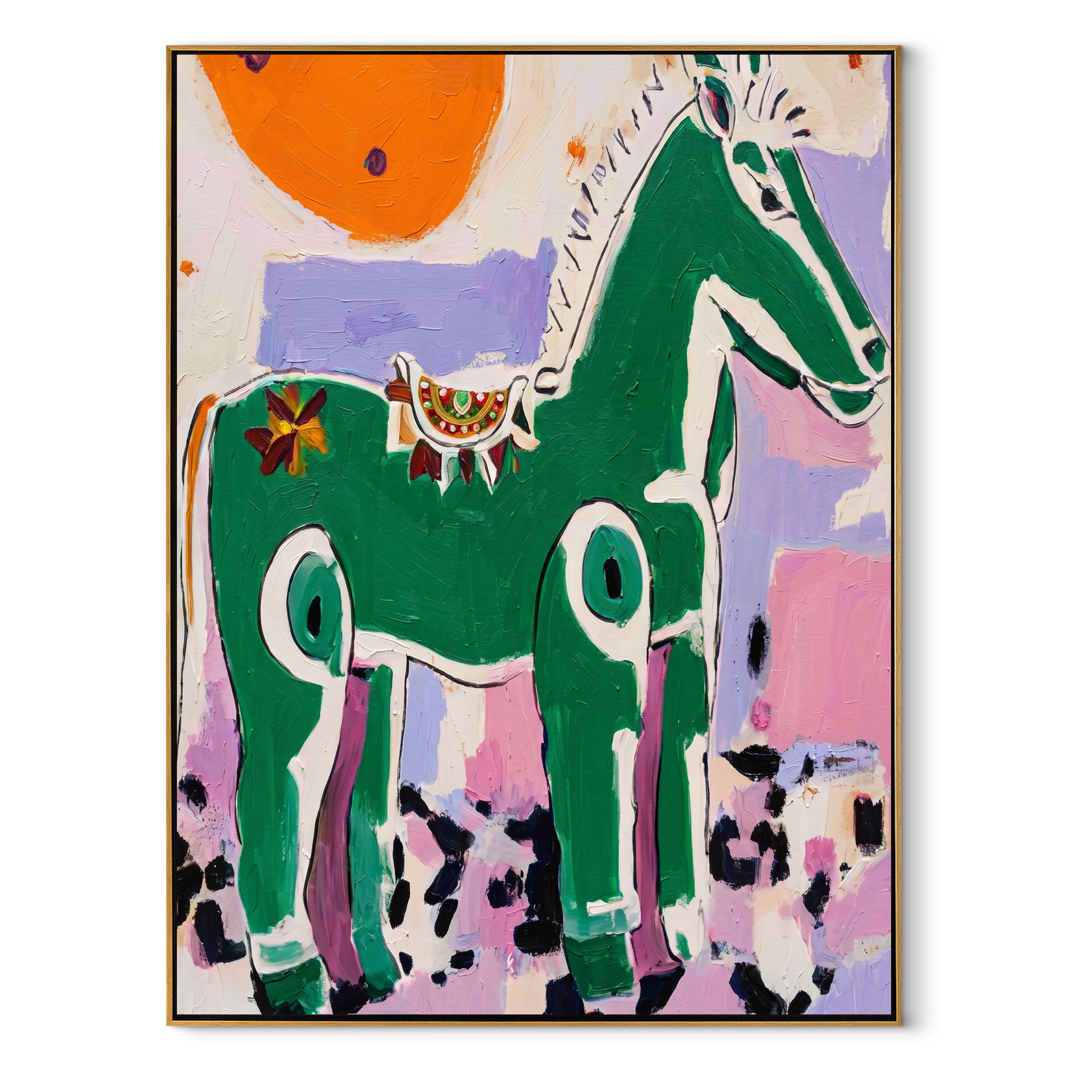Wild Grace Cross the Quiet Field - modern horse portrait by Isabelle Laurent, modern Western vertical wall art – wood frame on white background