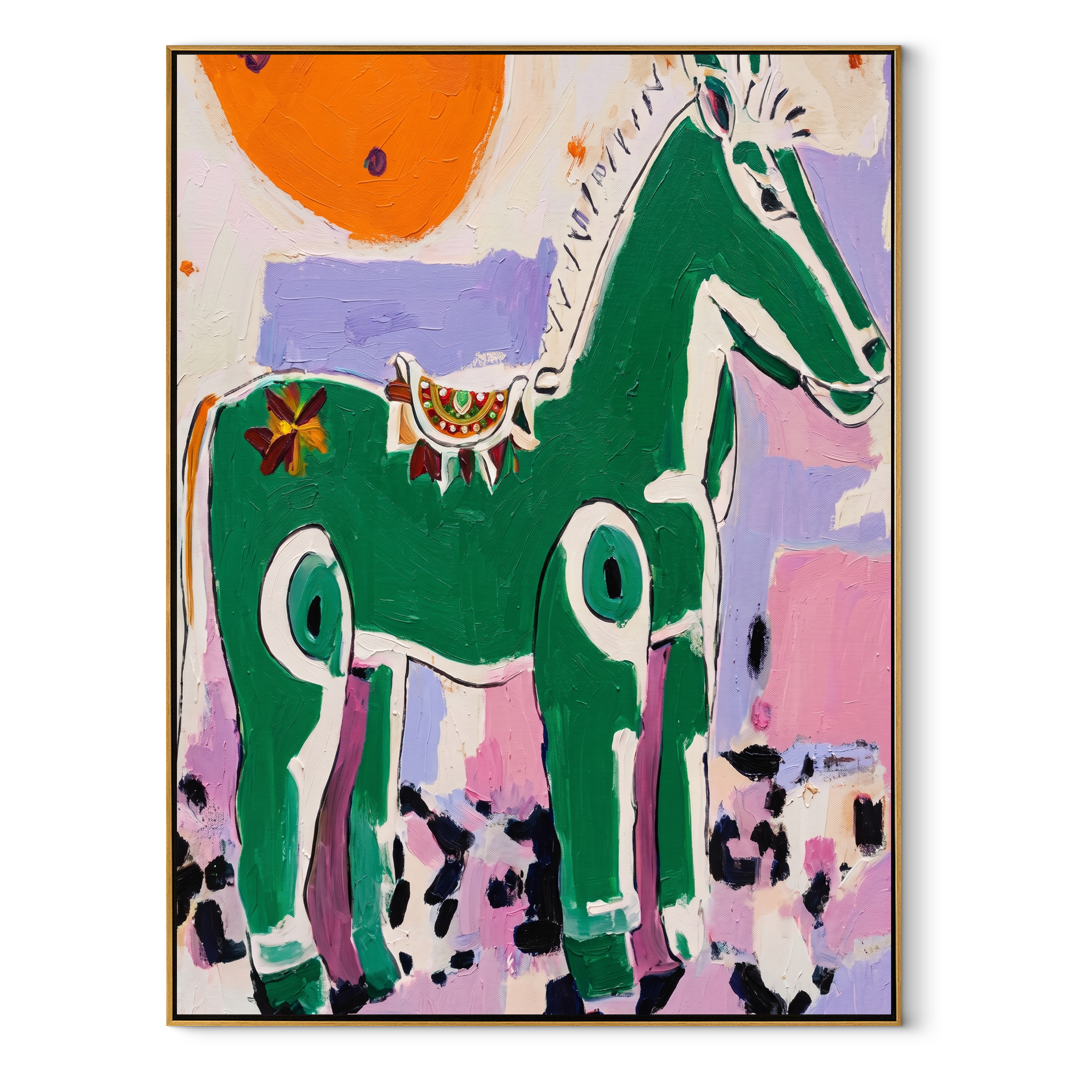 Wild Grace Cross the Quiet Field - modern horse portrait by Isabelle Laurent, modern Western vertical wall art – wood frame on white background