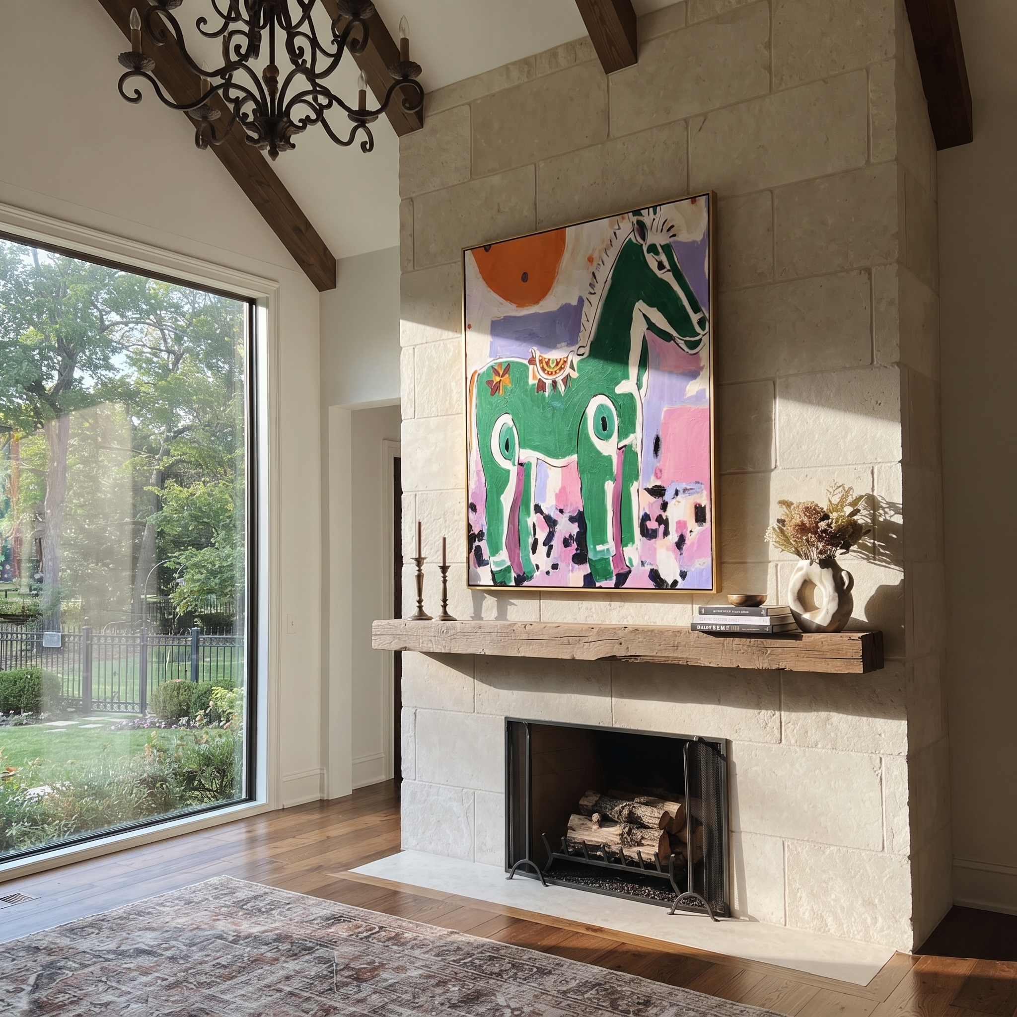 Wild Grace Cross the Quiet Field - modern horse portrait by Isabelle Laurent, modern Western vertical wall art – styled room scene view 2