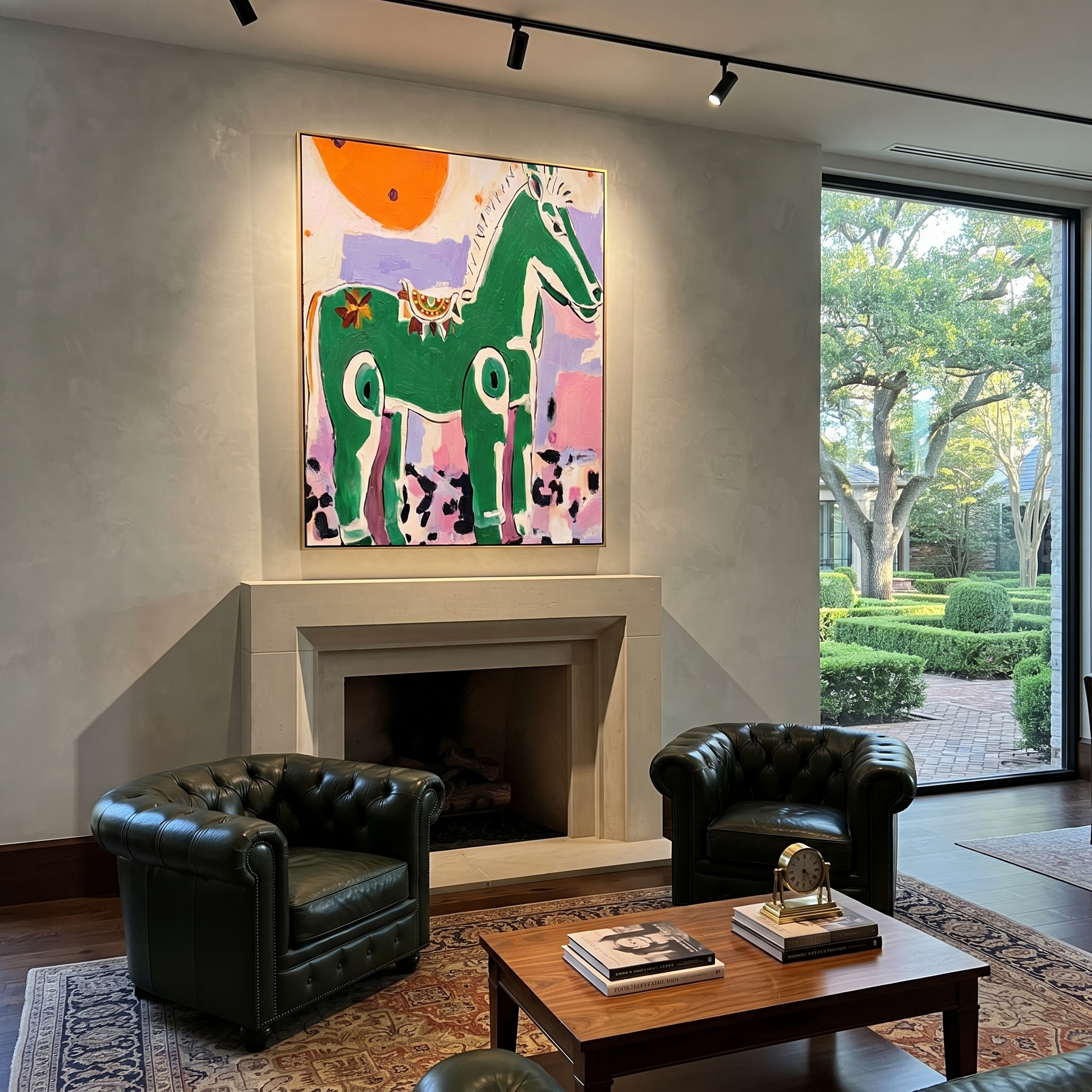 Wild Grace Cross the Quiet Field - modern horse portrait by Isabelle Laurent, modern Western vertical wall art – styled room scene view 3