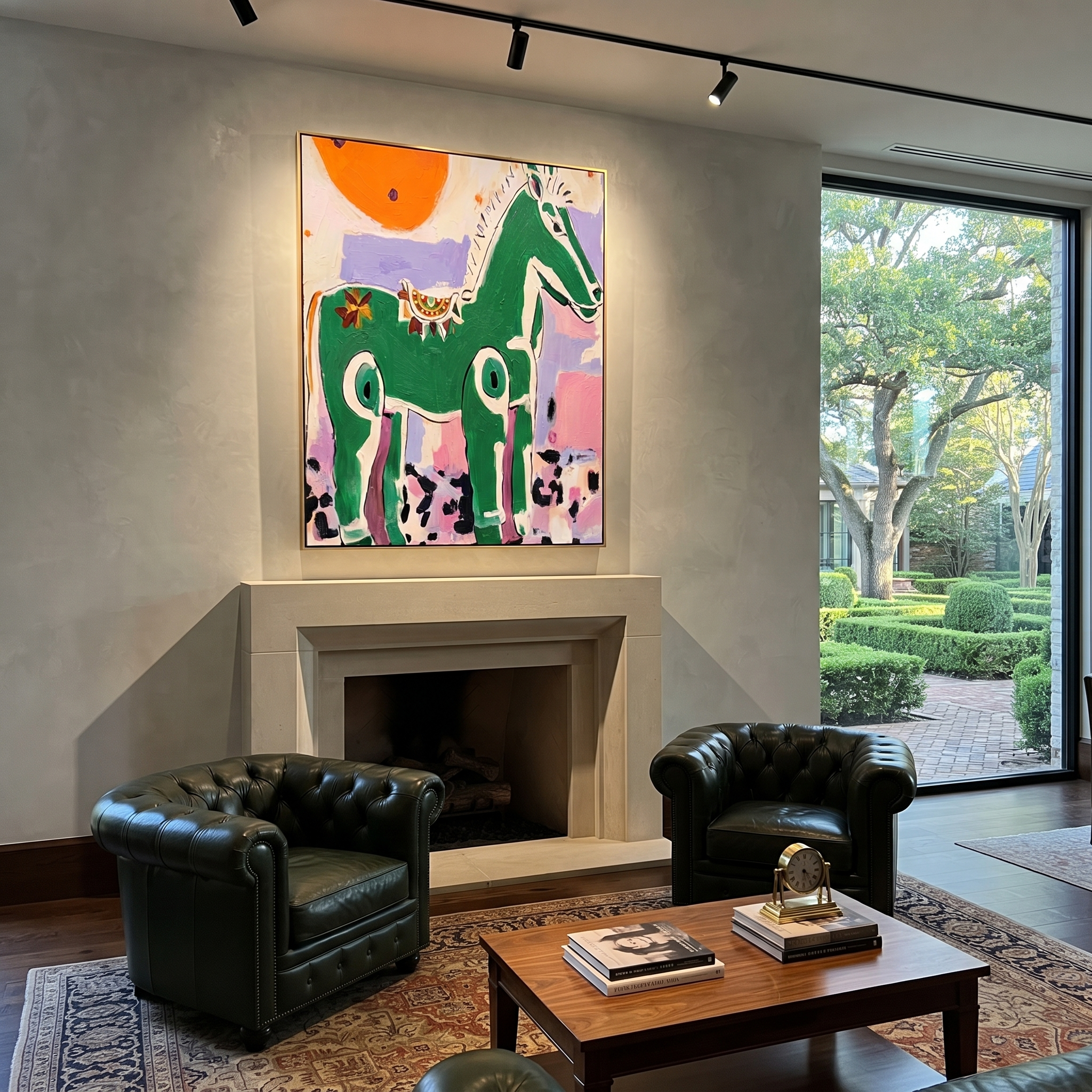 Wild Grace Cross the Quiet Field - modern horse portrait by Isabelle Laurent, modern Western vertical wall art – styled room scene view 3