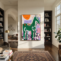 Wild Grace Cross the Quiet Field - modern horse portrait by Isabelle Laurent, modern Western vertical wall art – styled room scene view 4