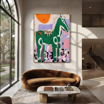 Wild Grace Cross the Quiet Field - modern horse portrait by Isabelle Laurent, modern Western vertical wall art – styled room scene view 5