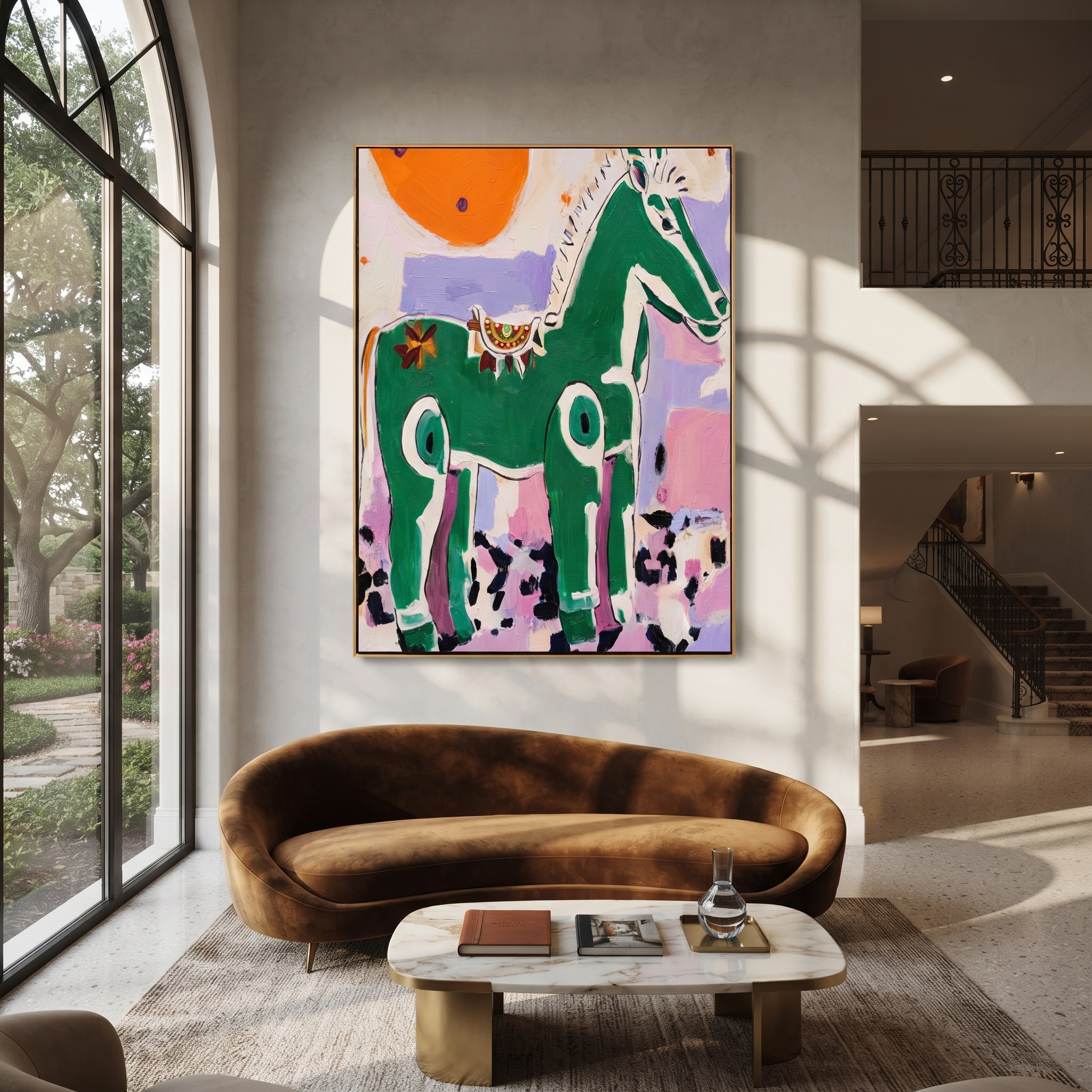 Wild Grace Cross the Quiet Field - modern horse portrait by Isabelle Laurent, modern Western vertical wall art – styled room scene view 5