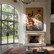 Sage Horizon Cross the Quiet Field - symbolic horse and rider painting by Isabelle Laurent, modern Western vertical wall art – styled room scene view 1
