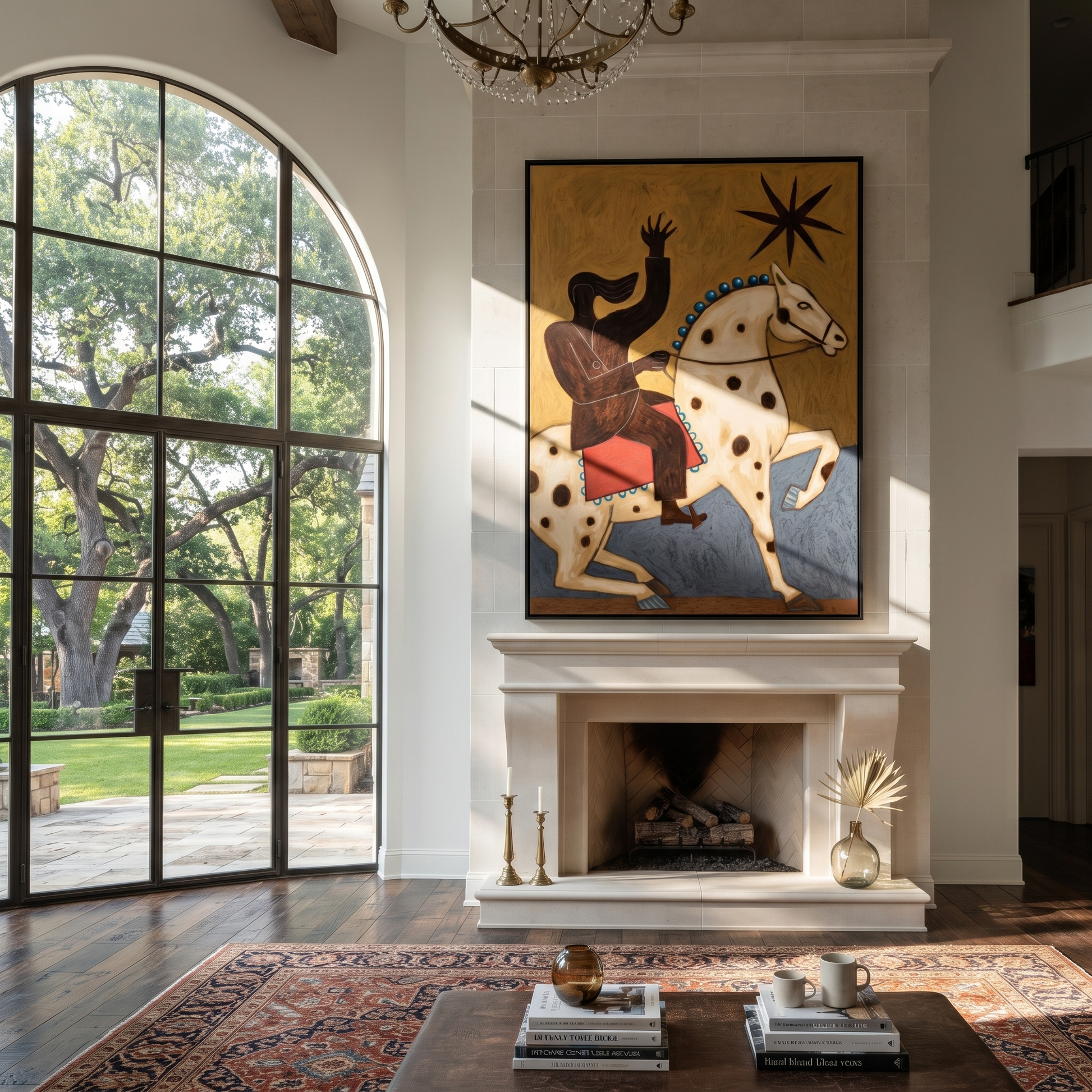 Sage Horizon Cross the Quiet Field - symbolic horse and rider painting by Isabelle Laurent, modern Western vertical wall art – styled room scene view 1