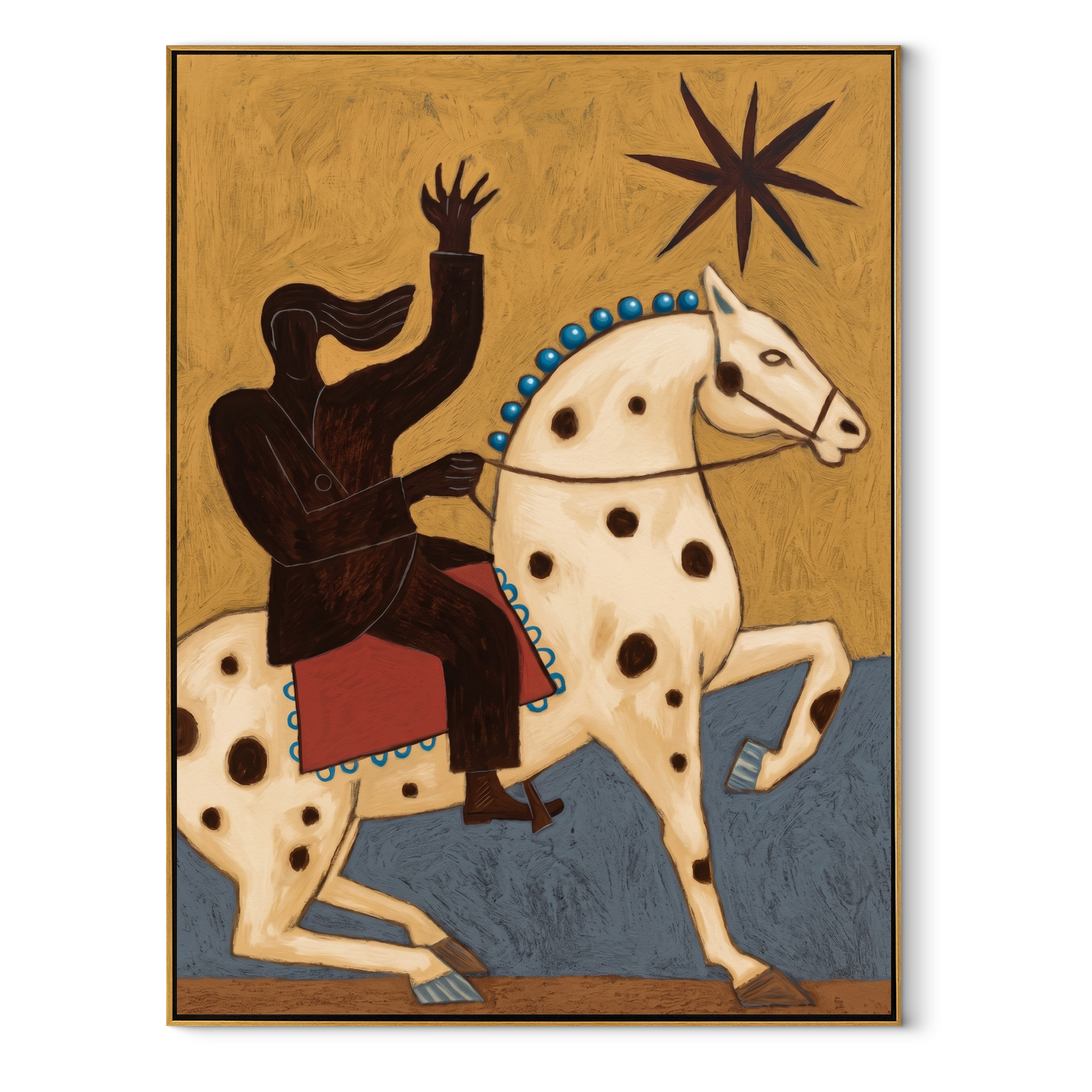 Sage Horizon Cross the Quiet Field - symbolic horse and rider painting by Isabelle Laurent, modern Western vertical wall art – wood frame on white background