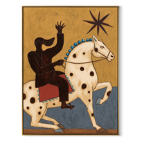 Sage Horizon Cross the Quiet Field - symbolic horse and rider painting by Isabelle Laurent, modern Western vertical wall art – wood frame on white background