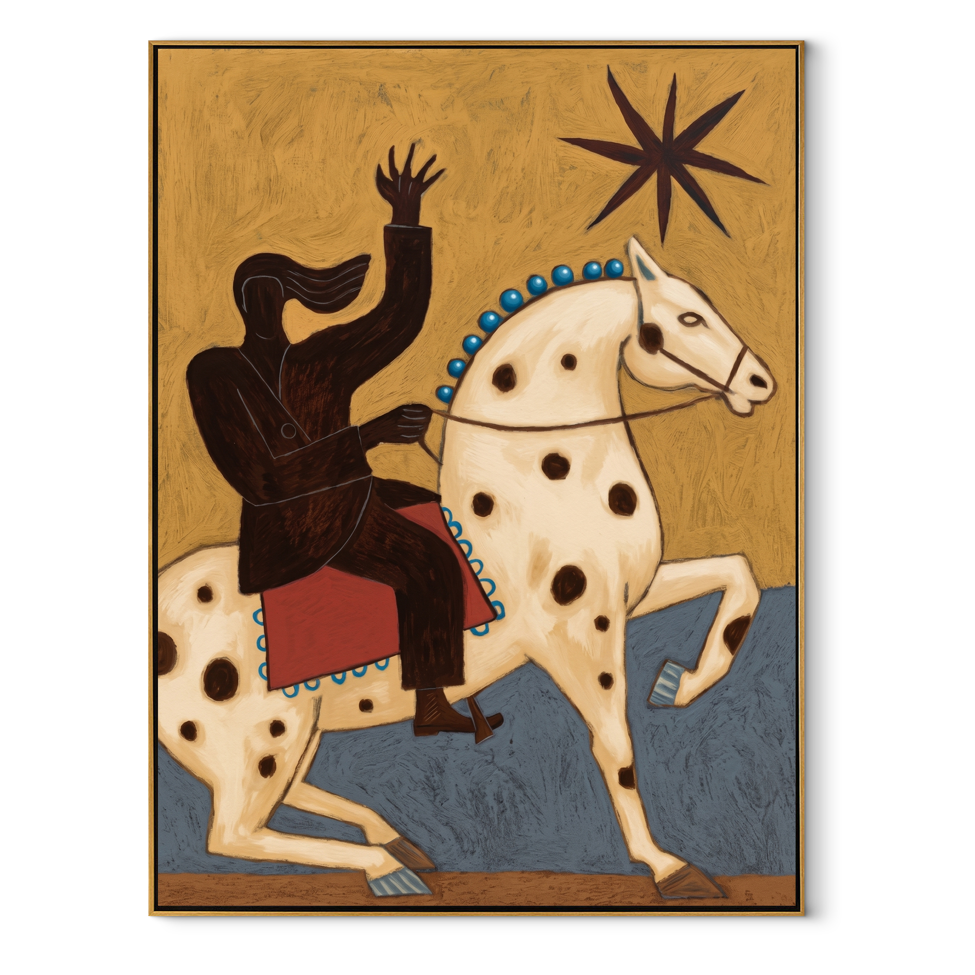 Sage Horizon Cross the Quiet Field - symbolic horse and rider painting by Isabelle Laurent, modern Western vertical wall art – wood frame on white background
